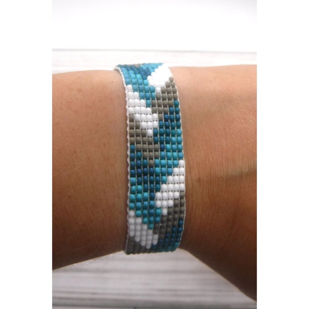 Loom Beaded Bracelet Teals, White & Gray w/ Vegan Leather